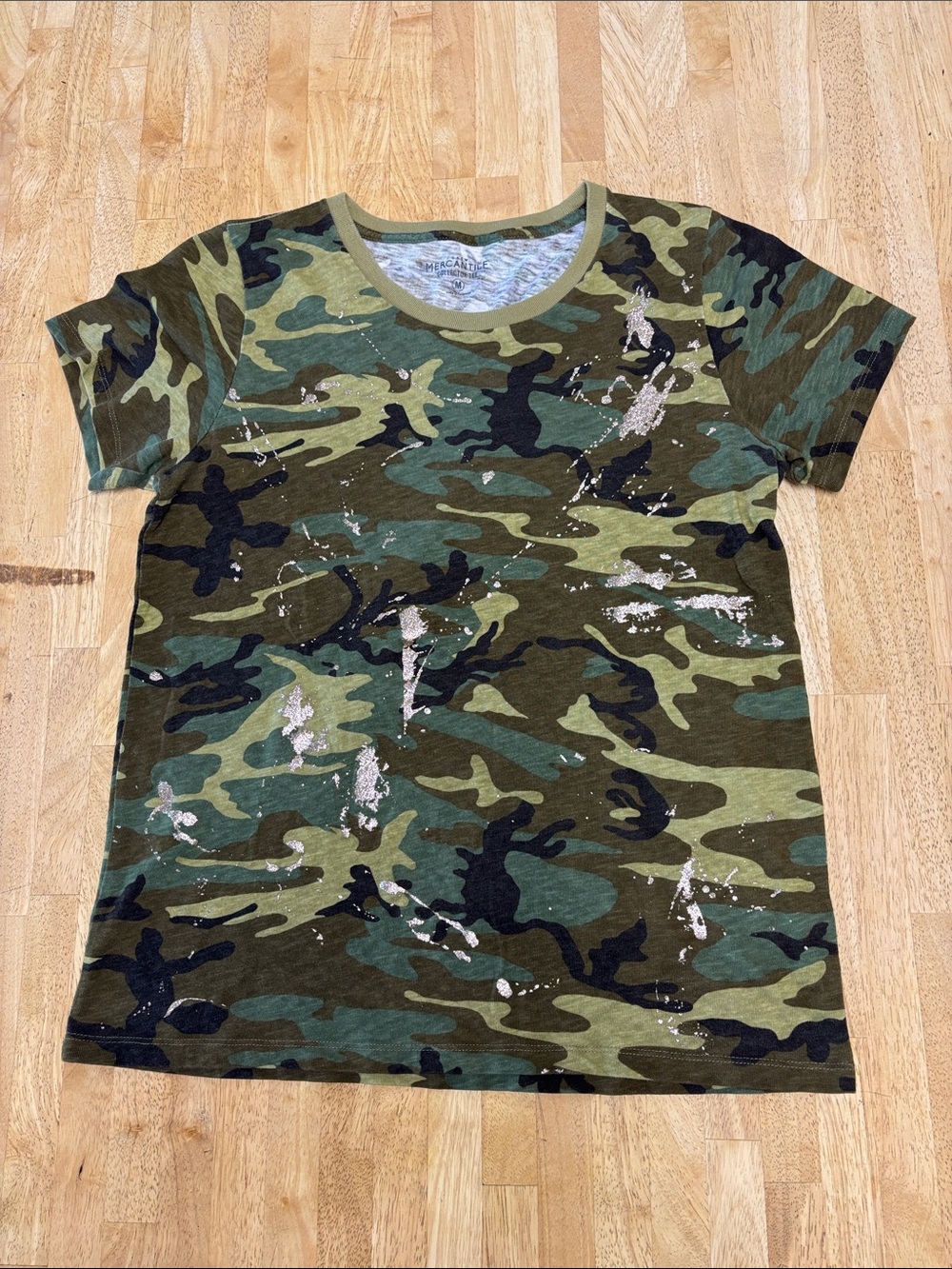 J. Crew Women's Green Camouflage Short-Sleeve Tee with Gold Paint Splatter